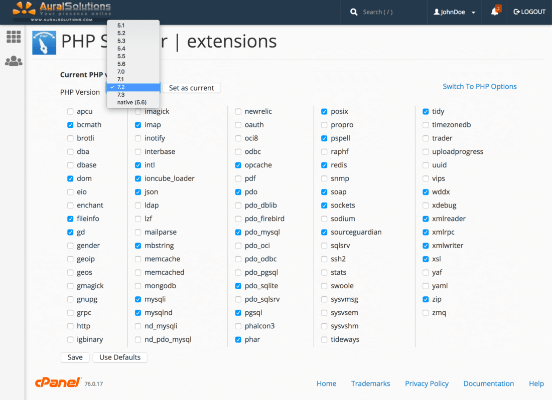 Selector de extensiones PHP de cPanel - abrir desplegable