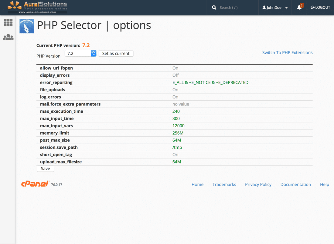 opciones del Selector de PHP de cPanel