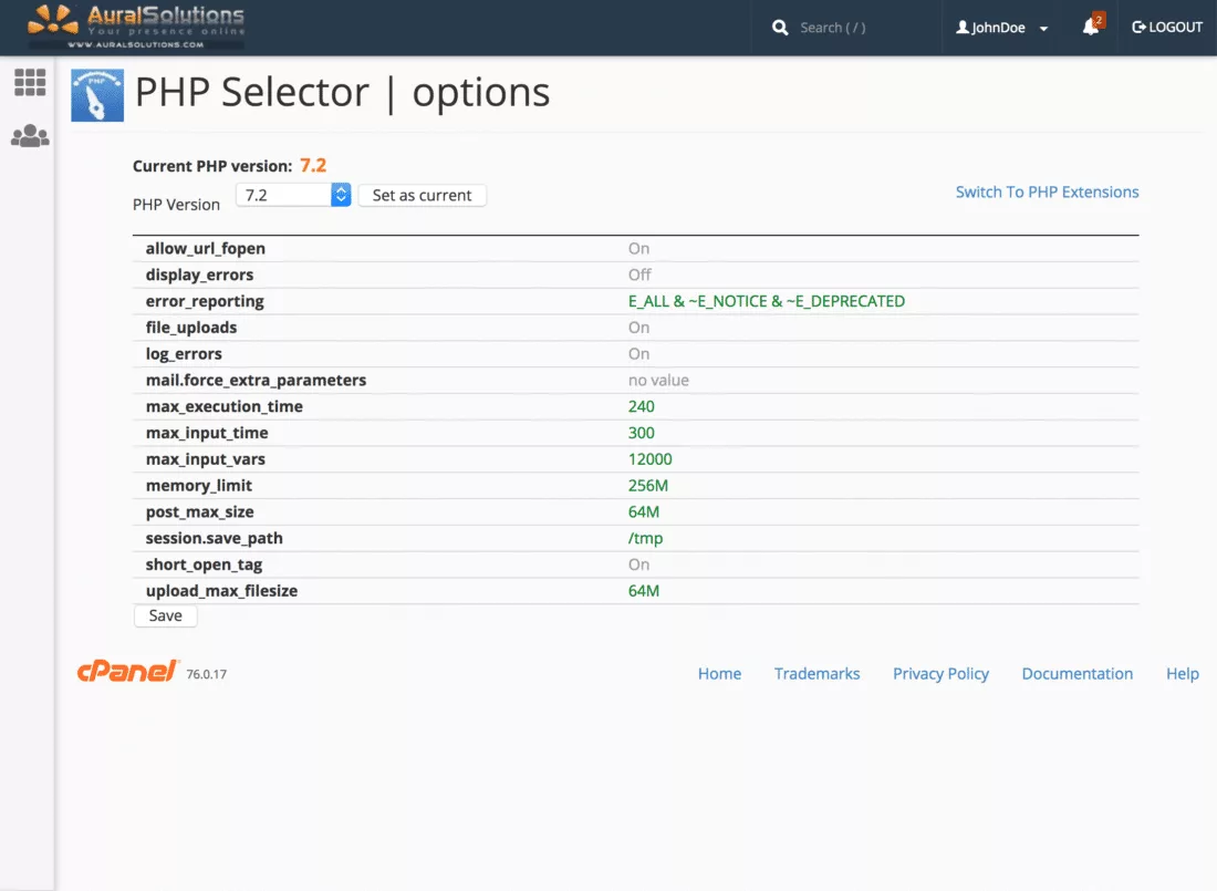 cPanel PHP Selector options